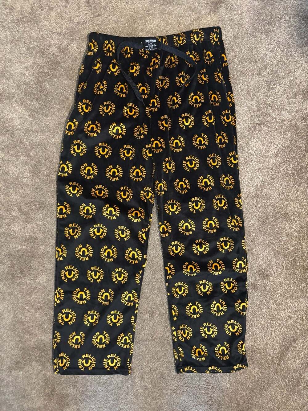 True Religion Men L Pajama Pants Black Gold All Over Print Logo Sleepwear Soft